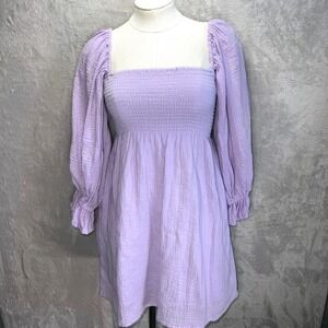 Kourt Smocked Dress Womens XS Purple Gauzy‎ Cotton Mini Dress cottage peasant